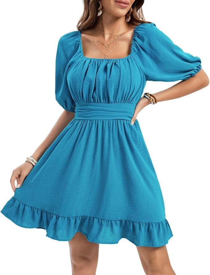 Fuinloth Womens Summer Sun Dresses Tied Back Puff Sleeve Square Neck Casual A-line Dress | Amazon (US)