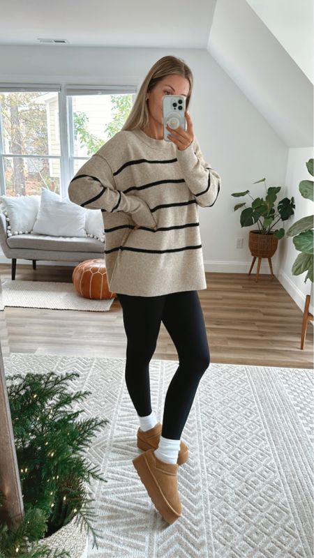 Perfect cozy winter outfit. Wearing a small in the fuzzy stripe sweater, small in the no front seam leggings and the Ugg inspired boots are true to size 

#LTKCyberWeek #LTKHoliday #LTKSeasonal