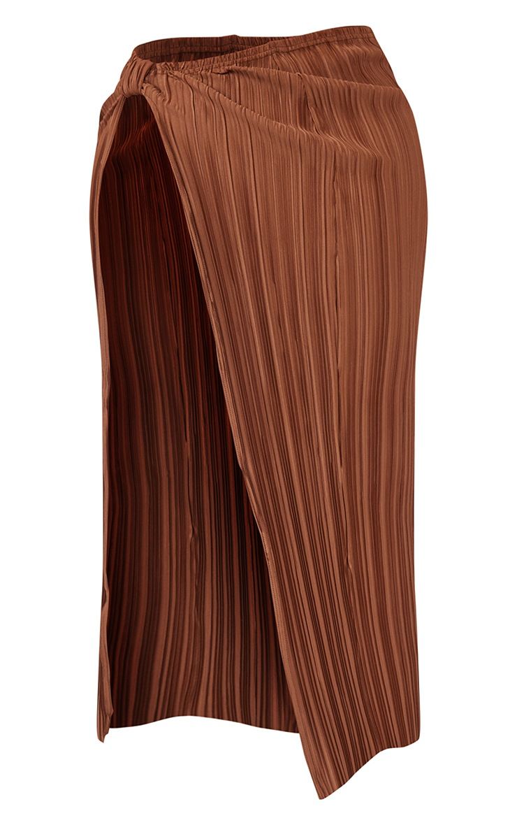 Shape Chocolate Brown Plisse Knot Split Midaxi Skirt | PrettyLittleThing US
