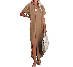 Dokotoo Womens Casual Short Sleeve Side Split Button Down Long Kimonos Cardigans Swimsuit Cover U... | Amazon (US)