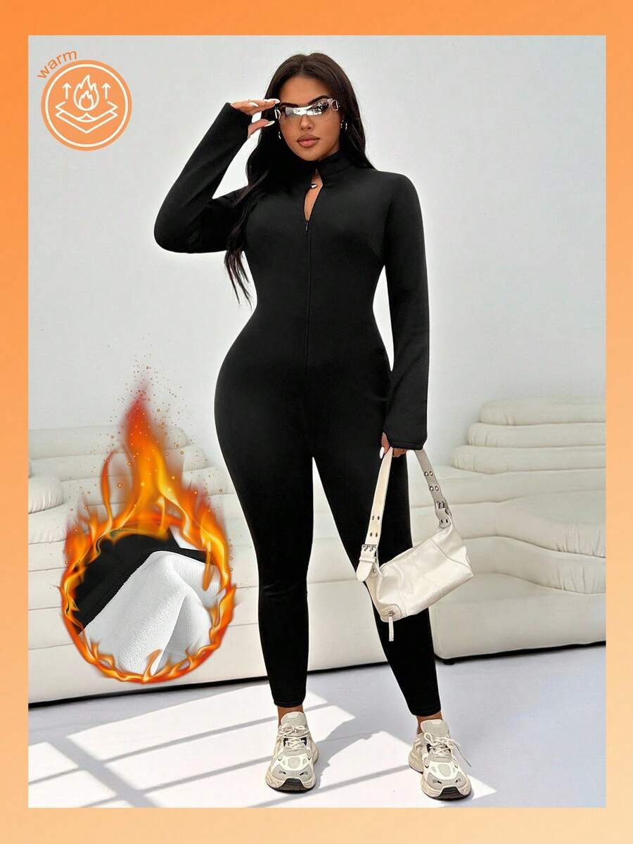 SHEIN EZwear Plus Size Women's Black Casual Slim Jumpsuit,Fall,Winter,Back To School,Casual,Warm ... | SHEIN