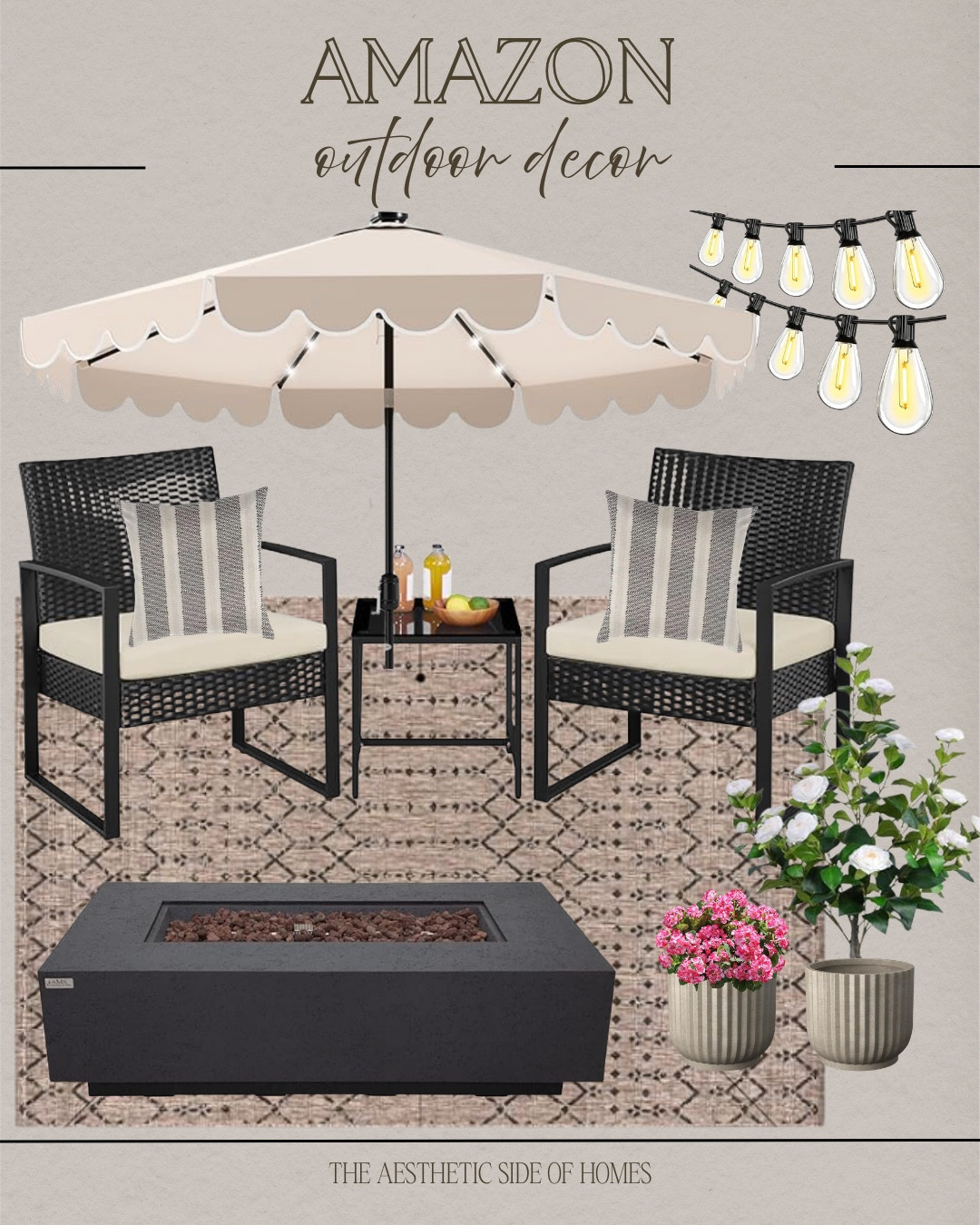 Outdoor patio decor includes string lights, umbrella, patio chairs, outdoor rug, planters, faux flowers, and fire pit.

Patio decor, outdoor decor, looks for less, outdoor spaces

@amazonfindsandfashion

#LTKHome #LTKSeasonal #LTKSaleAlert