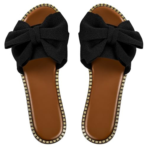 Sksshion Women's Bow Knot Slides Open Toe Flat Sandals Summer Slip On Slippers Black 5.5 | Amazon (US)