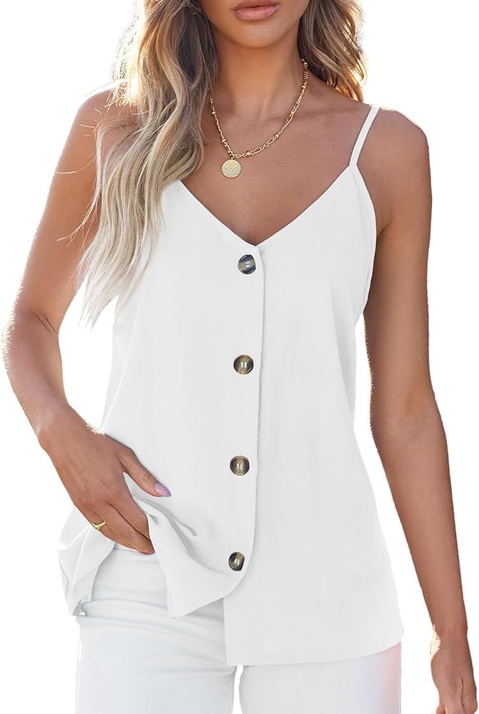 BLENCOT Women Button Down Tank Tops Loose Casual V Neck Strappy Summer Sleeveless Shirts Blouses ... | Amazon (US)
