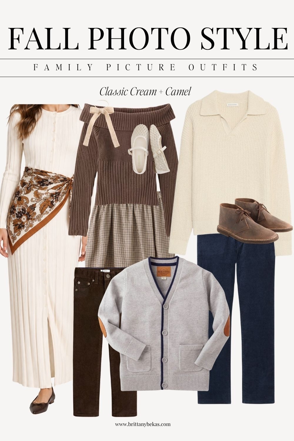 Cream, camel, chocolate and dark denim make this such a timeless fall family photo look. I love the layered neutrals with a little pattern and texture to keep everything interesting. This palette works especially well for outdoor fall sessions and classic family portraits.