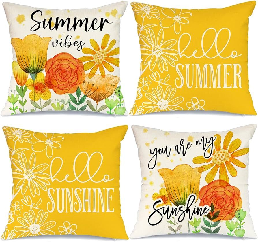Summer Pillow Covers 18x18 Inch Set of 4 Summer Vibers Hello Sunshine Floral Pillows Decorative T... | Amazon (US)