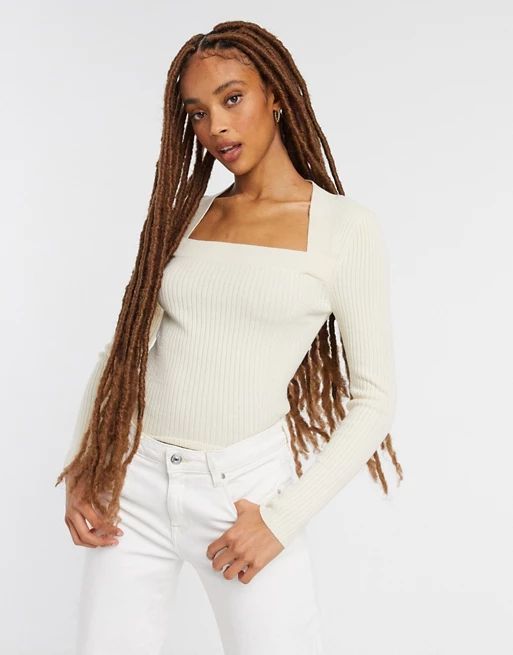 ASOS DESIGN ribbed jumper with open square neck in cream | ASOS (Global)