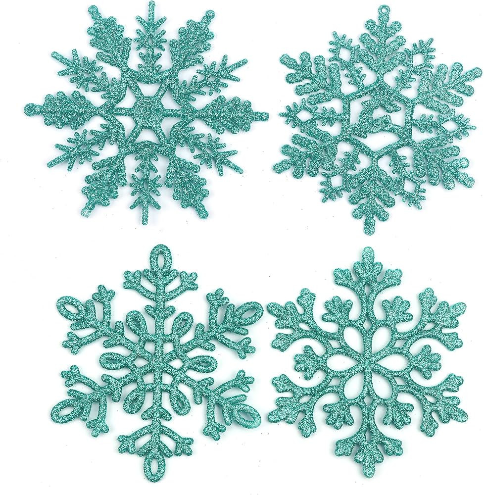 YYCRAFT 32pcs Glitter Snowflake Ornament 4 Inch for Christmas Tree Decoration-Teal | Amazon (US)