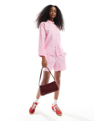 Vero Moda oversized shirt and boxer shorts set in pink stripe | ASOS (Global)