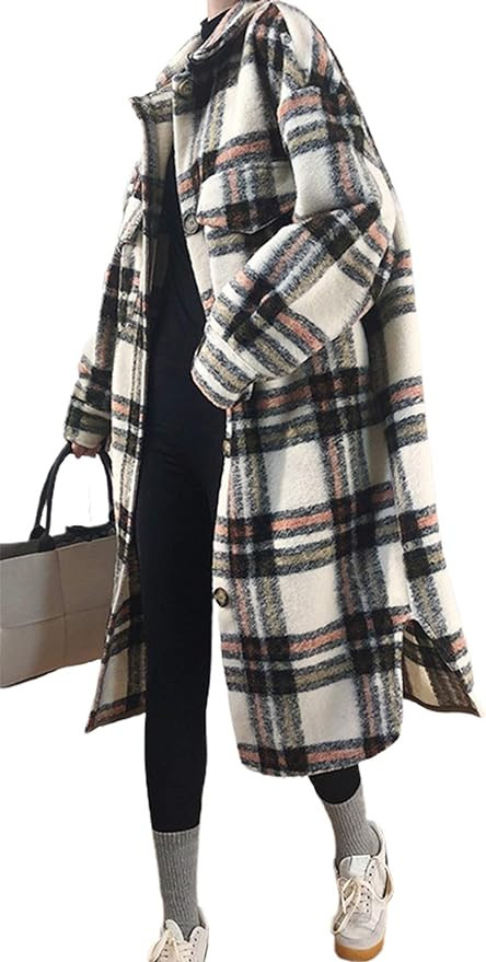 CHARTOU Women's Lightweight Spread Collar Wool Blend Plaid Midi Long Shacket Trench Coat | Amazon (US)