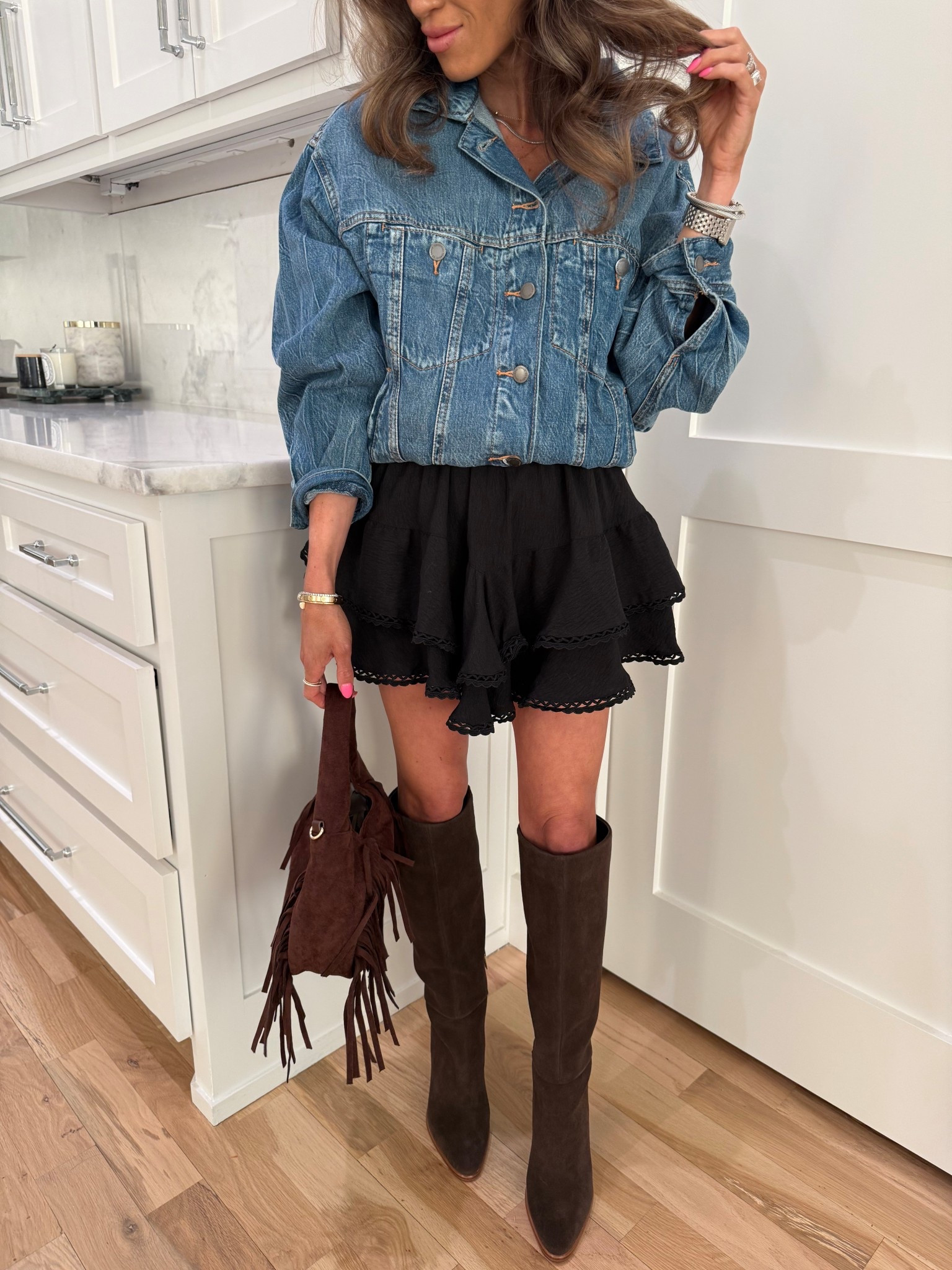 The best spring denim jacket size xs with black flowy shorts and brown boots on sale 

#LTKSeasonal #LTKPetite