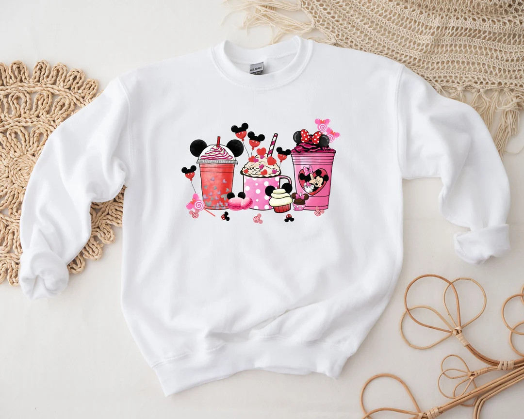 Valentine Mickey and Minnie Coffee Sweatshirt, Valentine Disney Pink Hoodie, Coffee Lover Sweater... | Etsy (US)