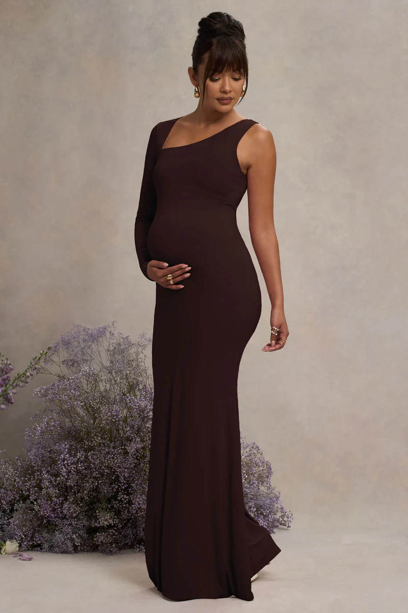Oh Baby | Brown Maternity One Shoulder Bodycon Maxi Dress | Club L London