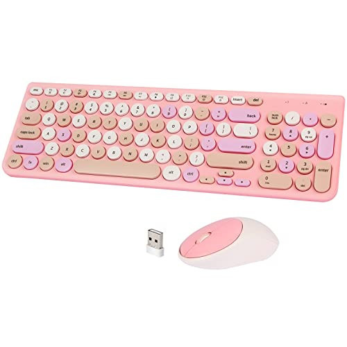 Wireless Keyboard and Mouse Combo, Retro Typewriter Wireless Keyboard with Round Keycaps, 2.4GHz Full-Size USB Cute Wireless Keyboard Mouse for Computer, Desktop, Laptop and Computer (Pink-Colorful) | Amazon (US)