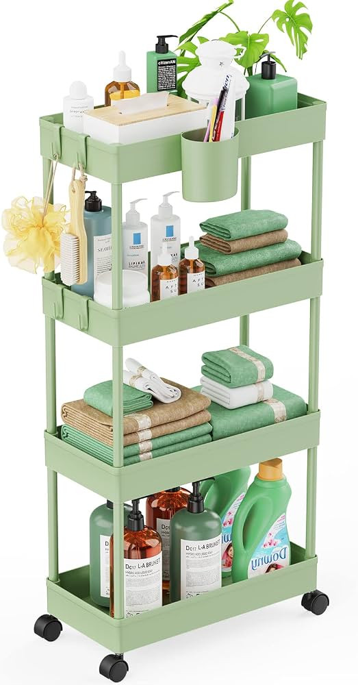 LEHOM Slim Rolling Storage Cart - 4 Tiers Bathroom Organizer Utility Cart Slide Out Storage Shelv... | Amazon (US)