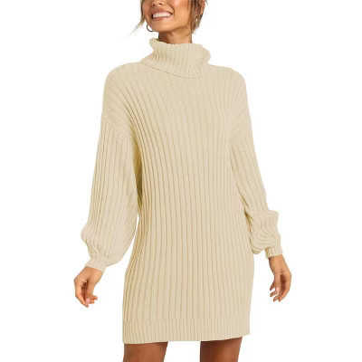 Womens Sweater Dress High Neck Long Lantern Sleeve Knit Sweater Midi Dress Beige L | Target
