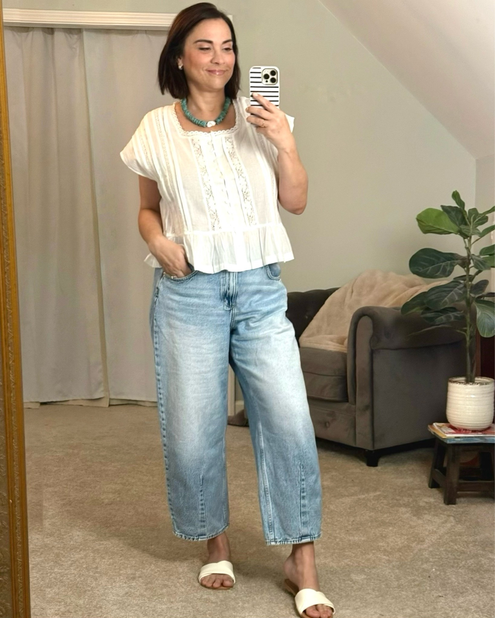 Hot, rainy weather here today called for this end-of-summer outfit with pieces I’ll keep wearing straight into fall 🤍

This lightweight lace-trim top was an oh so pretty find and pairs perfectly with my favorite barrel jeans. I added simple, comfy white slides and this gorgeous green turquoise + pearl necklace for some fun color ✨

The jeans are 100% cotton with no stretch and have that relaxed, easy barrel-leg fit. The sandals are under $25 right now 🙌

Everything linked ↓

#LTKStyleTip #LTKFindsUnder50 #LTKOver40 #BarrelJeans #SummerToFall
