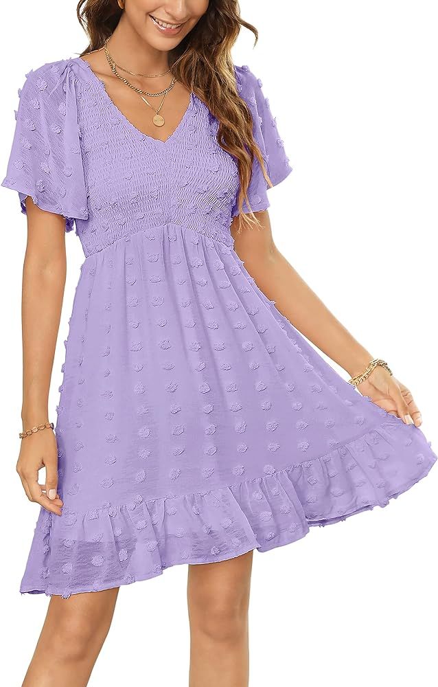 Zattcas Womens 2023 Summer Smocked Dress Short Flutter Sleeve V Neck Swiss Dot Babydoll Ruffle Ti... | Amazon (US)