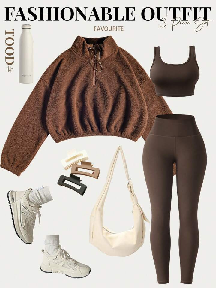 SHEIN Sport Easify 3pcs/Set Women Casual Sports Fleece Suit, Thermal Lined Windproof Tight Vest A... | SHEIN