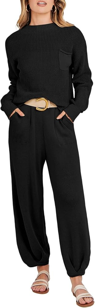 MEROKEETY Women's 2 Piece Outfits Sweater Set Long Sleeve Knit Pullover High Waist Pants Lounge S... | Amazon (US)