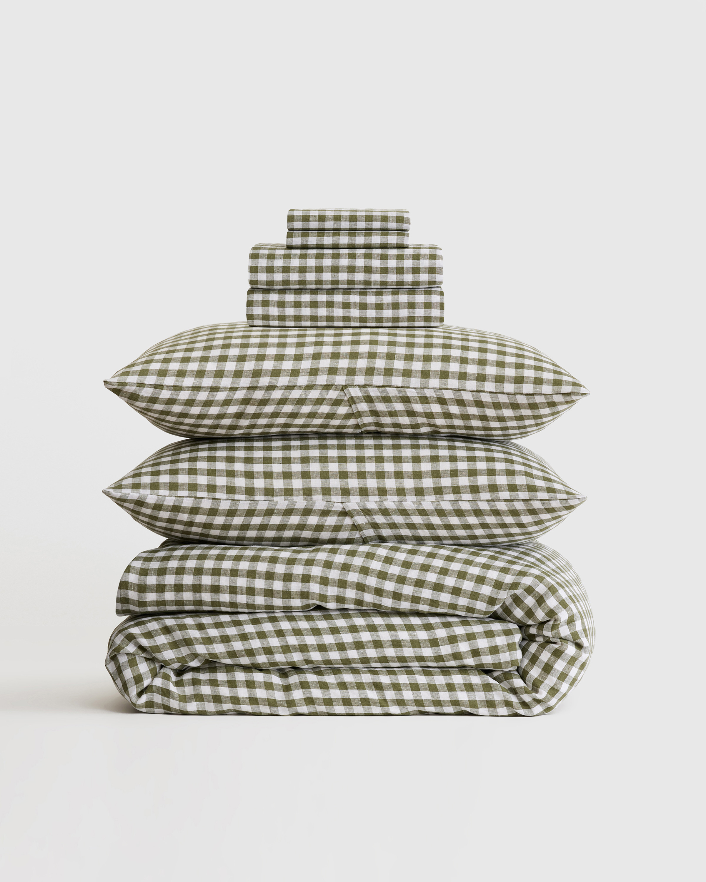 Quince | European Linen Gingham Deluxe Bedding Bundle in Olive, Size Twin | Quince