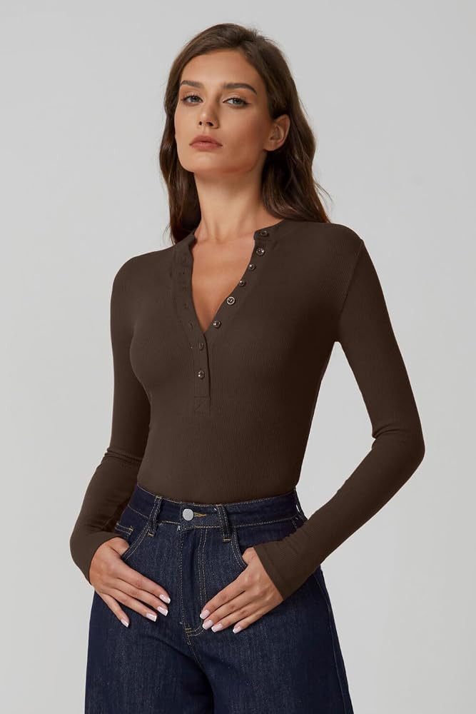 QINSEN Button Down Shirts for Women V Neck Long Sleeve Ribbed Knit Slim Fit Basic Tee Tops | Amazon (US)