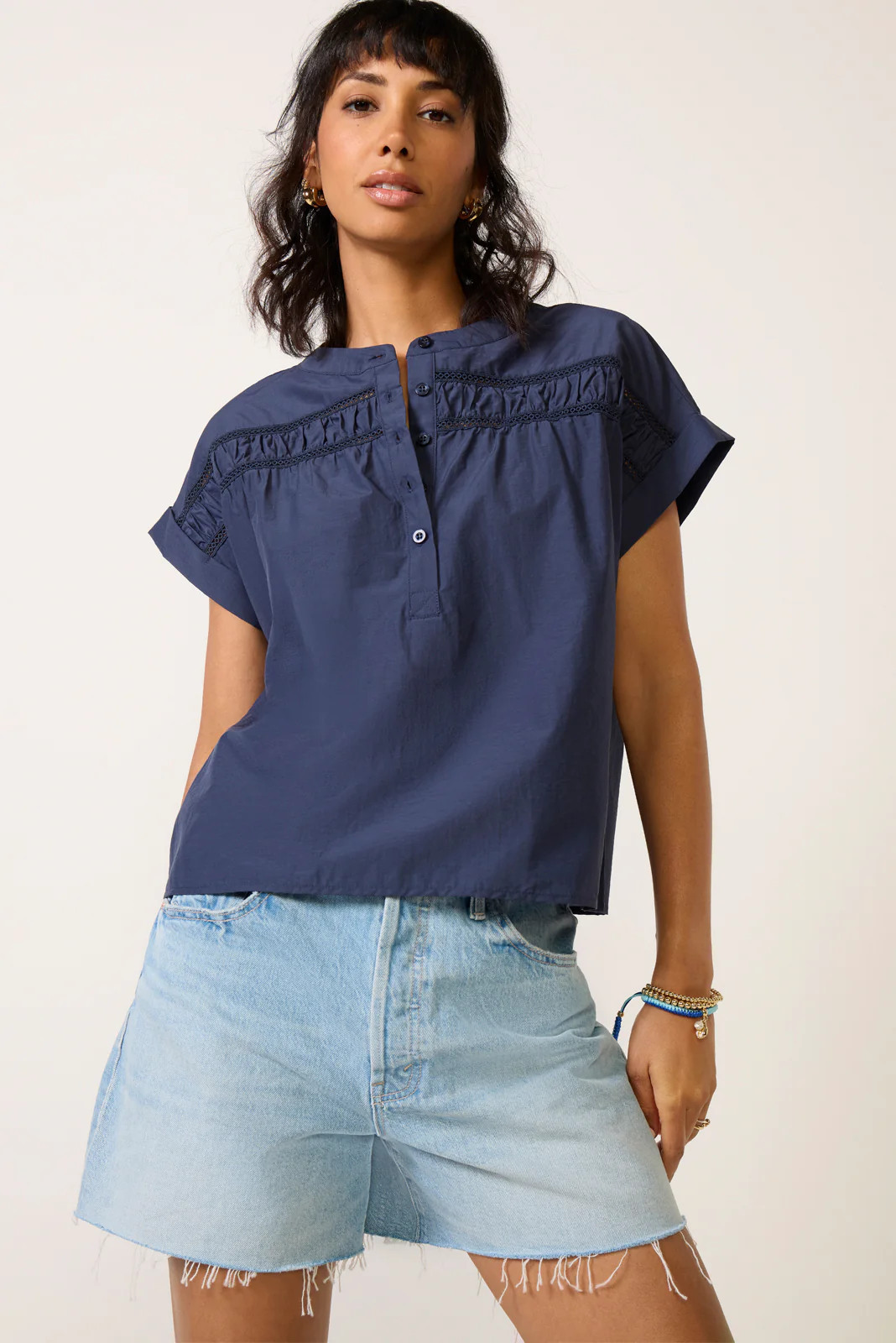 EVEREVE Women's Cecily Cutwork Blouse, Size XS, Navy Blue | Evereve