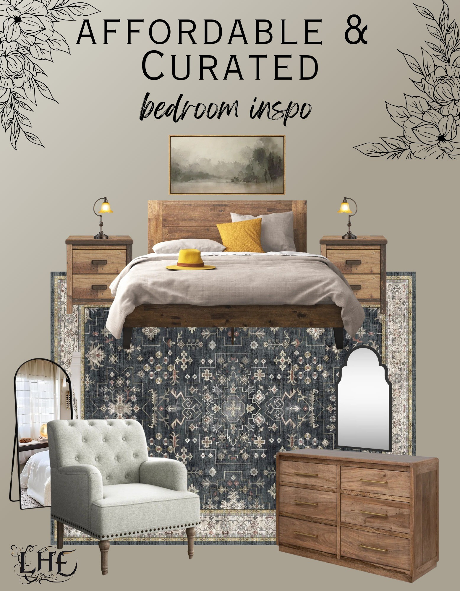 Affordable rustic  bedroom! Just a heads up the dresser is a little more pricey but still way .ore affordable then designer brands! Shop the thumbnails below 👇.  . . Rustic bedroom inspo, farmhouse bedroom inspo, bedroom inspo, bedroom decor, bedframe, nightstands, mirror, floor mirror, sitting chair. Bedroom chair, bedroom wall art, wood dresser, table lamp, vintage rug, bedroom accent rug, bedroom rug

#LTKHome #LTKStyleTip #LTKSaleAlert