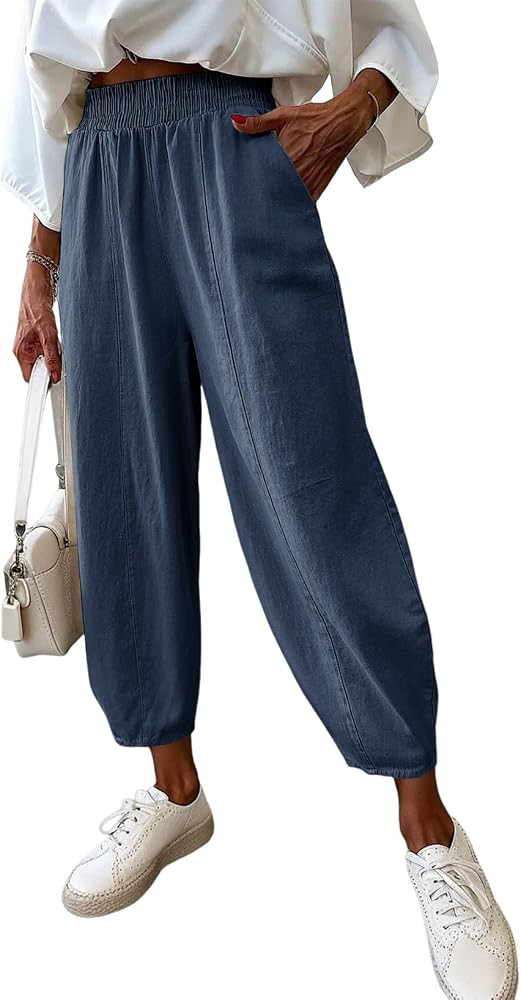 Dokotoo Womens Cotton Baggy Wide Leg Pants Casual Elastic Waisted Loose Lounge Harem Pants with P... | Amazon (US)