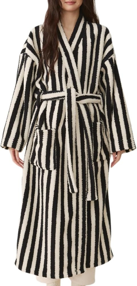 Women's Striped Plush Robe Long Soft Fluffy Bathrobe | Amazon (US)