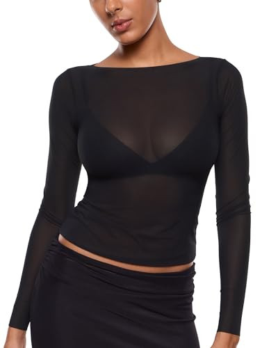 INLYRIC Women's Cosnufy Mesh Sheer Long Sleeve Tops See Through Boat Neck Going Out Tops Trendy Sexy Shirts Black Large | Amazon (US)