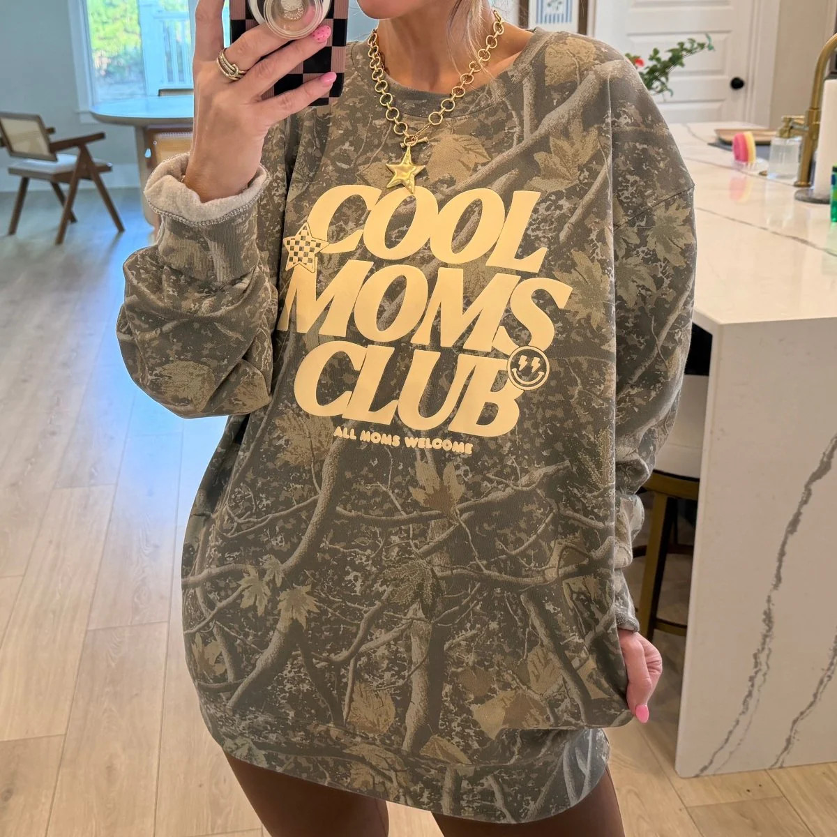 PUFF 'Cool Mom's Club - All Moms Welcome' Camo Hideaway Crewneck | United Monograms