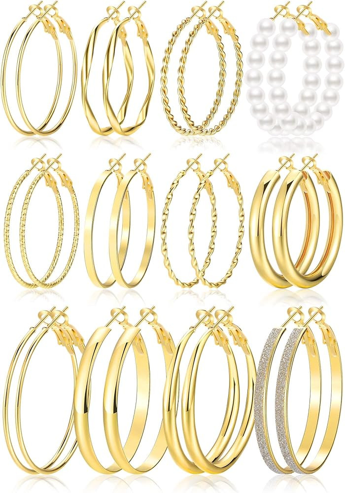 Gold Hoop Earrings Set for Women, 12 Pairs Hypoallergenic Large/Big Thin Thick Gold Hoops Earring... | Amazon (US)