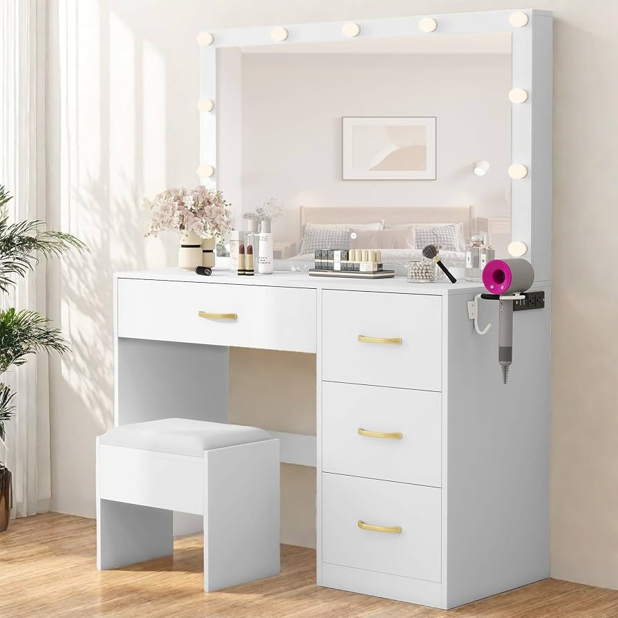YITAHOME Vanity Desk with Mirror and Lights, Makeup Vanity Set with 11 Bulbs Light, Power Outlet,... | Amazon (US)