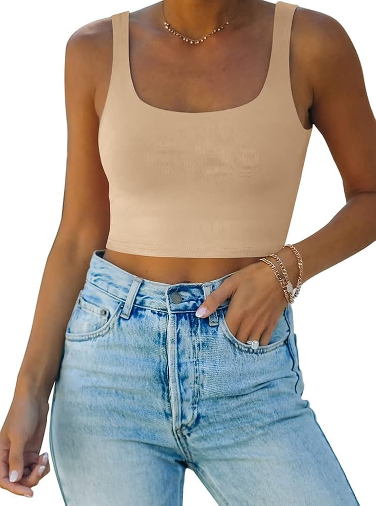 REORIA Women’s Sexy Square Neck Double Lined Seamless Sleeveless Cropped Tank Yoga Crop Tops | Amazon (US)