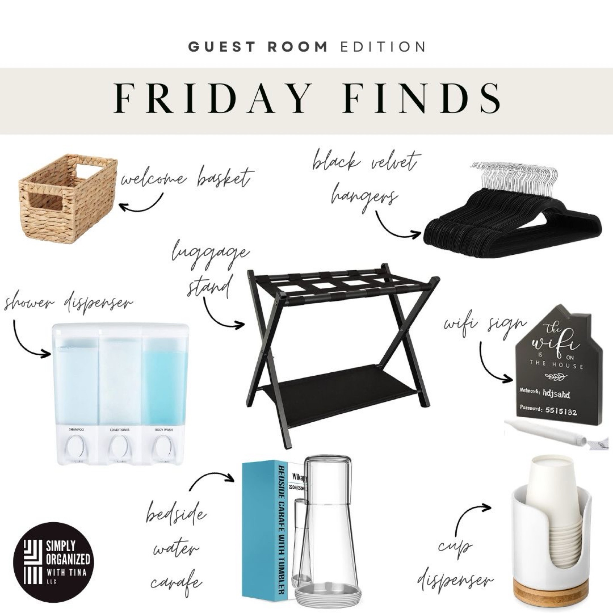 With the holidays approaching, you may be hosting family and friends from out-of-town. A few items can elevate your guest room to provide a comfortable stay for your guests and make them feel welcome. Here are a few things to make guests feel at home during their stay: 
•luggage stand- This stand elevates suitcase to a comfortable height for packing and unpacking, saving your guests from bending down to the floor; folds to be easily stored 
•wifi sign- Provide your guests with home wifi and password on this easy to read sign
•welcome basket- Fill this basket with guest room essentials like snacks and small items guests may have forgotten at home
•hangers- Leave a few extra hangers for your guests; these velvet hangers will hold tops and sweaters to heavy winter coats
•bedside water carafe- Add this carafe to a bedside table so guests won't have to navigate the house for water in the middle of the night
•bathroom cup dispenser- Easily dispenses disposable cups for water or mouthwash; this dispenser can also hold cotton makeup rounds
•shower dispenser- Provide your guests with shower essentials with this eco friendly dispenser


#LTKfamily #LTKhome #LTKHoliday
