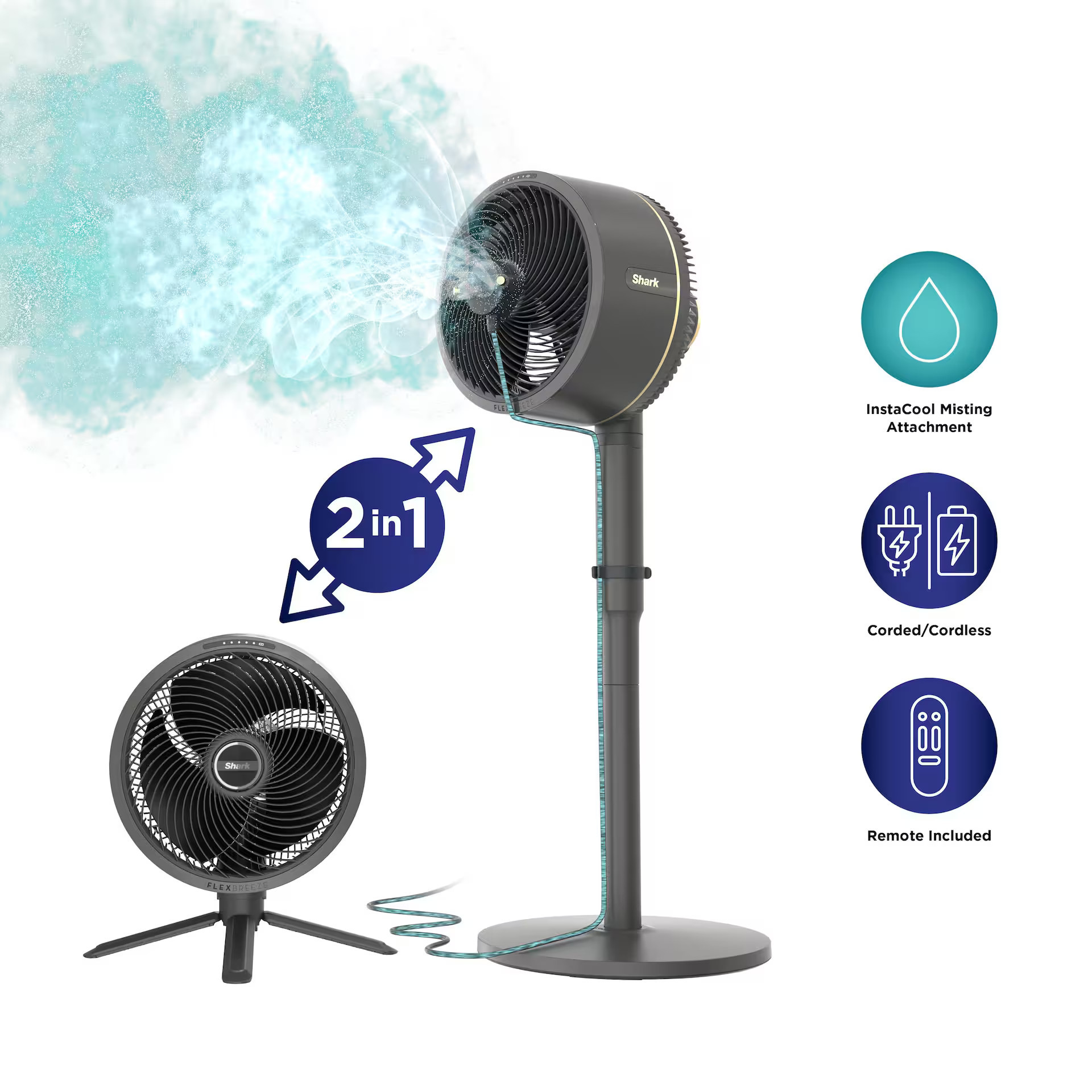 Shark - FlexBreeze Outdoor & Indoor Fan with InstaCool Misting Attachment, Cordless & Corded, Pedestal to Tabletop - Black | Best Buy U.S.