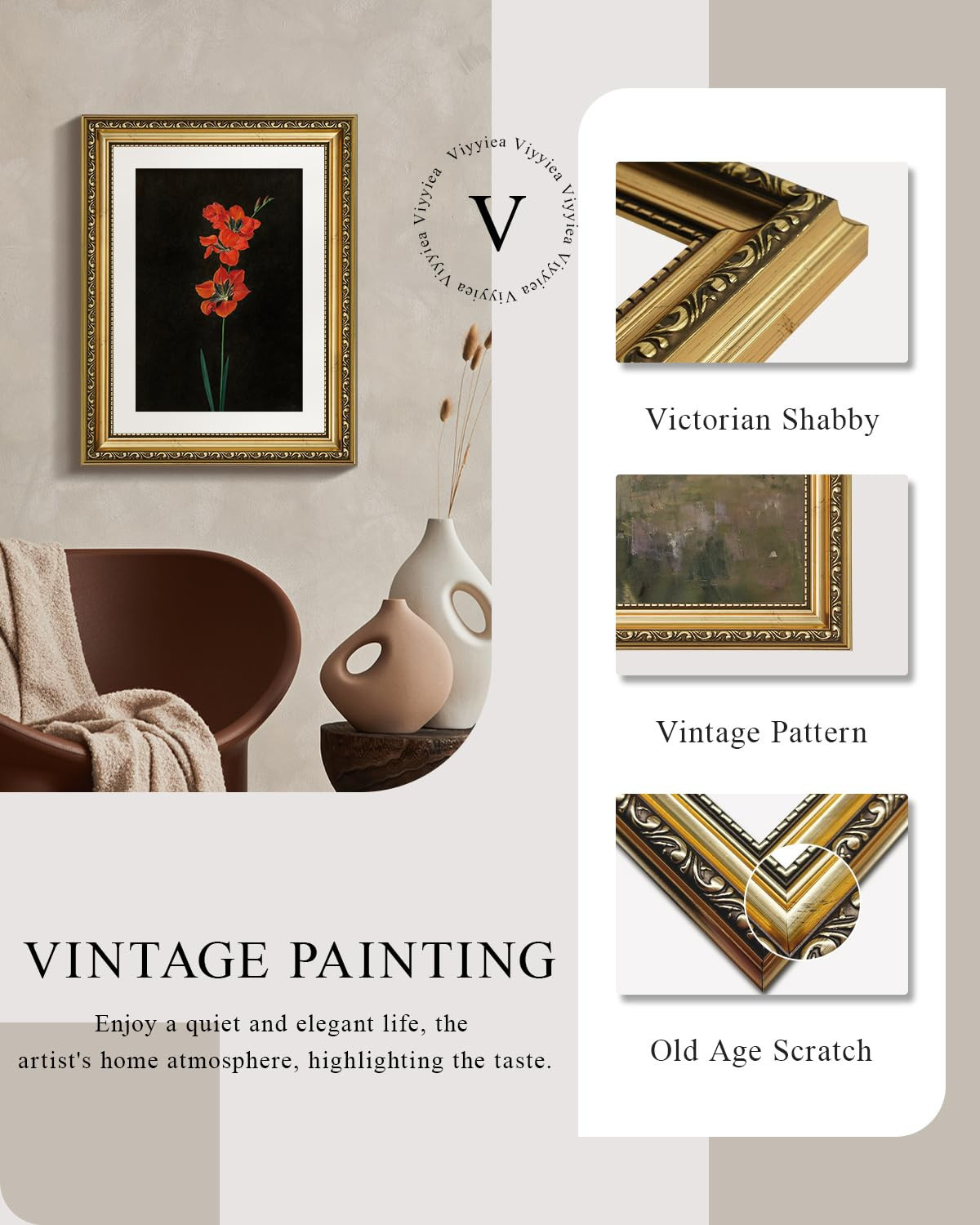 VIYYIEA Gold Framed Wall Art Canvas Print Home Decor Red Flower Wall Art Black Background Floral ... | Amazon (US)