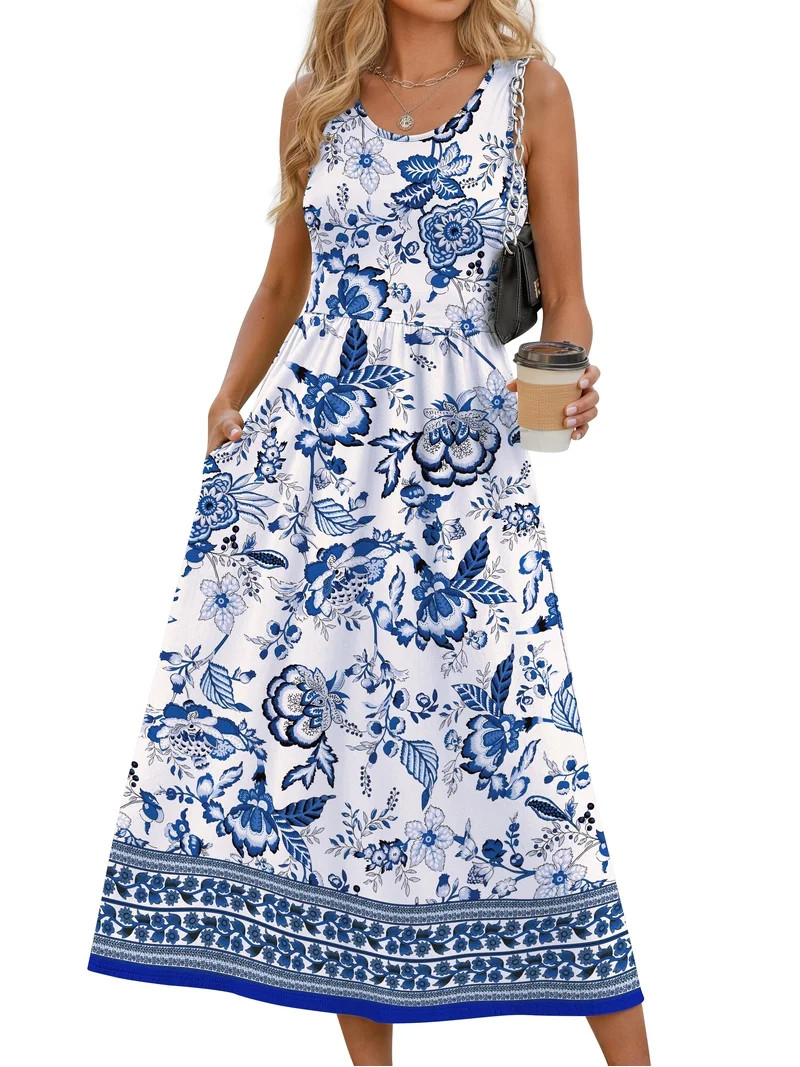Fantaslook Summer Dresses for Women Sleeveless Casual Long Dress Beach Vacation Sundresses with P... | Walmart (US)