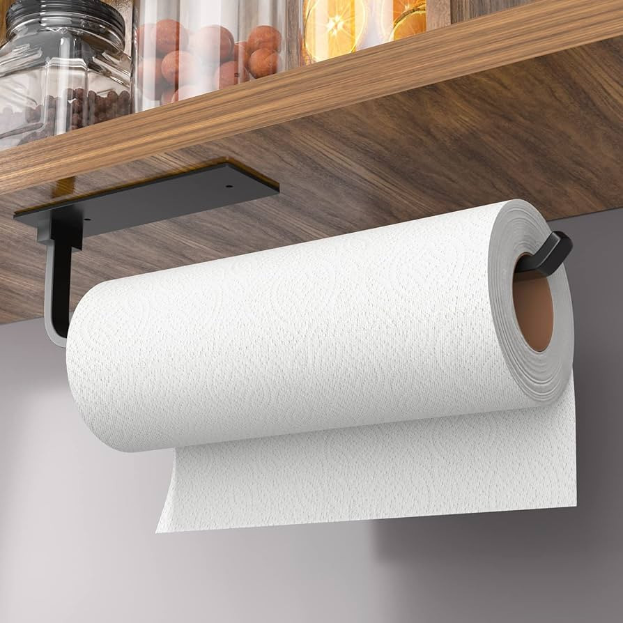 Paper Towel Holder - Self-Adhesive or Drilling, Matte Black Paper Towel Rack Under Cabinet for Ki... | Amazon (US)
