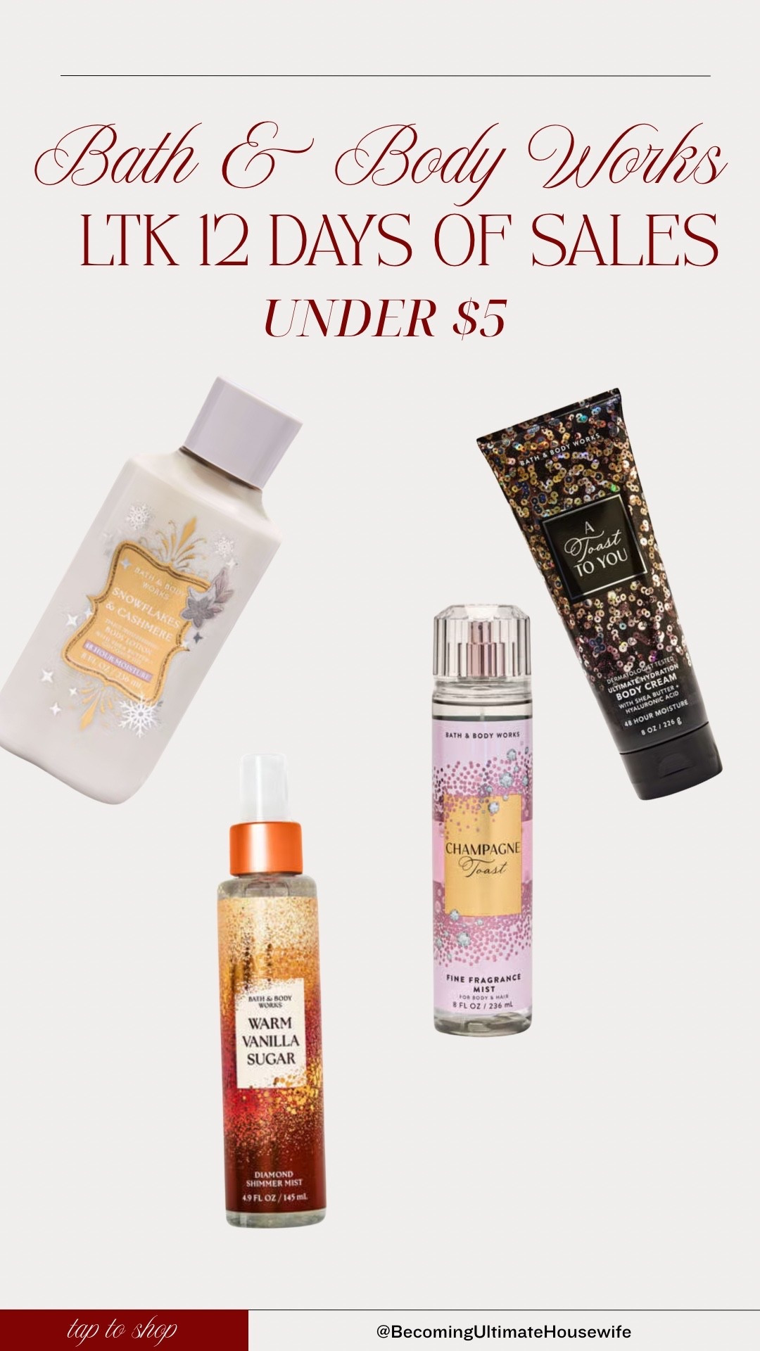 UNDER $5 finds that smell expensive ✨
Bath & Body Works steals right now — perfect for stocking up, gifting, or keeping one in every room.
These go fast every single time.
Tap to shop before they’re gone 👀

Use code: SCORE


#LTKSaleAlert #LTKGiftGuide #LTKselfcare