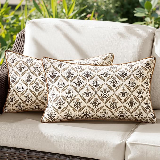 ANRODUO Floral Outdoor Pillow Covers 12x20 Waterproof Set of 2 Lumbar Block Print Decorative Cush... | Amazon (US)