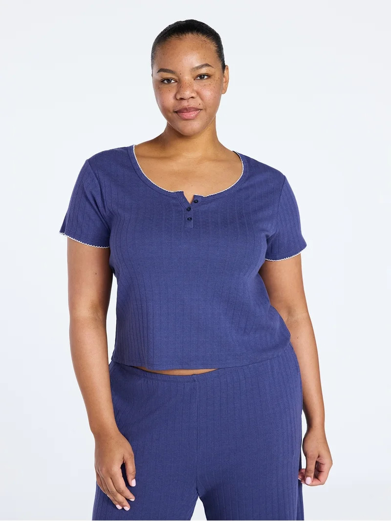 Joyspun Women’s Pointelle Knit Sleepwear Henley Tee with Short Sleeves, Sizes XS-3X | Walmart (US)