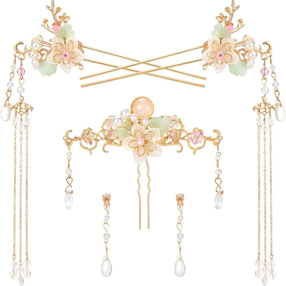 5PCS Orchid Flower Tassels Hairpin, Crystal Rhinestone Pearl Hair Clips Headpiece Retro Chinese H... | Amazon (US)