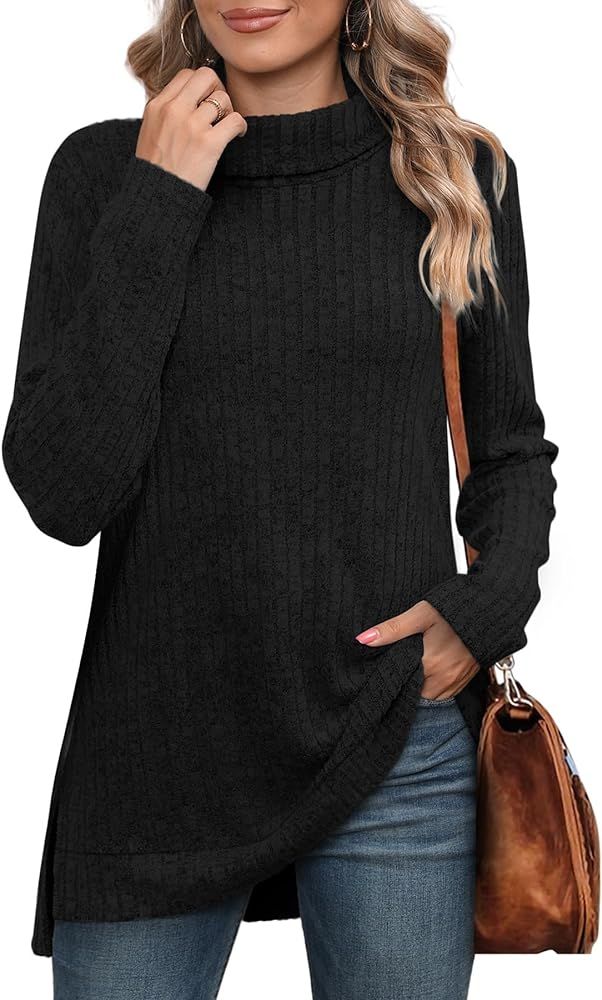 WIHOLL Womens Tunic Tops Turtleneck Long Sleeve Side Split High Low Lightweight Sweaters | Amazon (US)