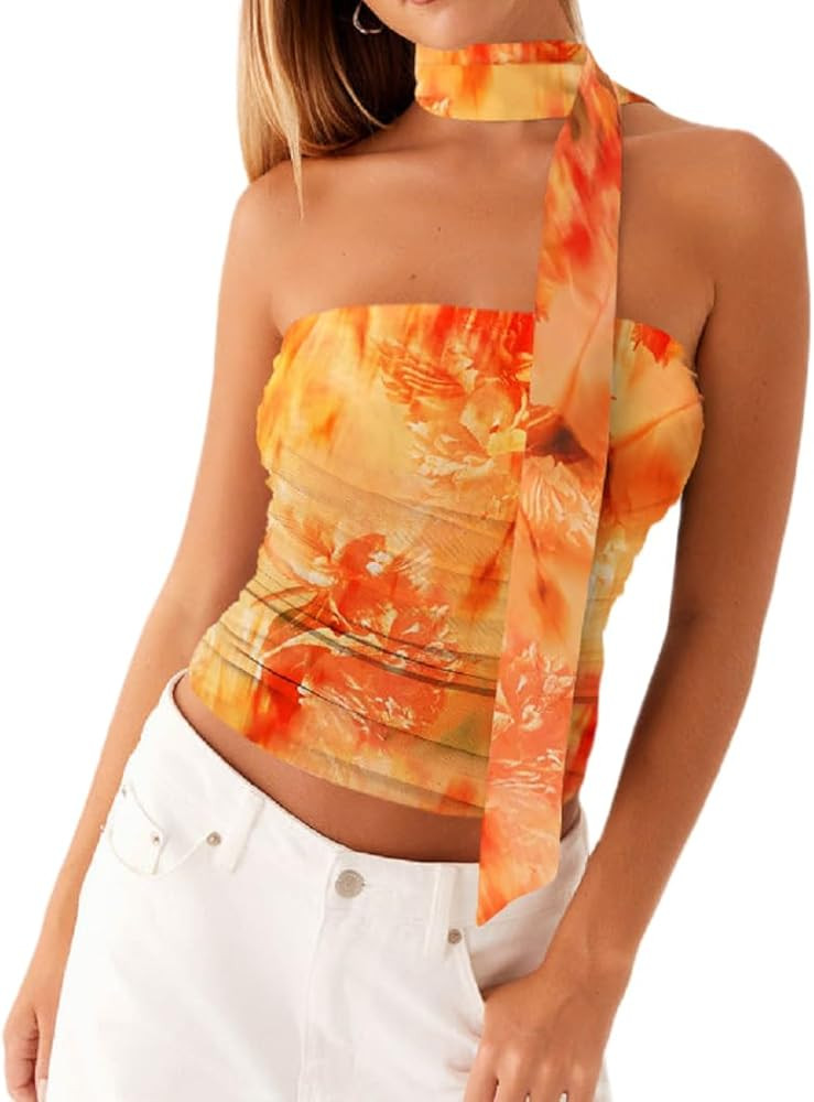 Camiseta de tubo floral Y2k para mujer, sin tirantes, de malla, halter, sin mangas, bandeau, con ... | Amazon (US)