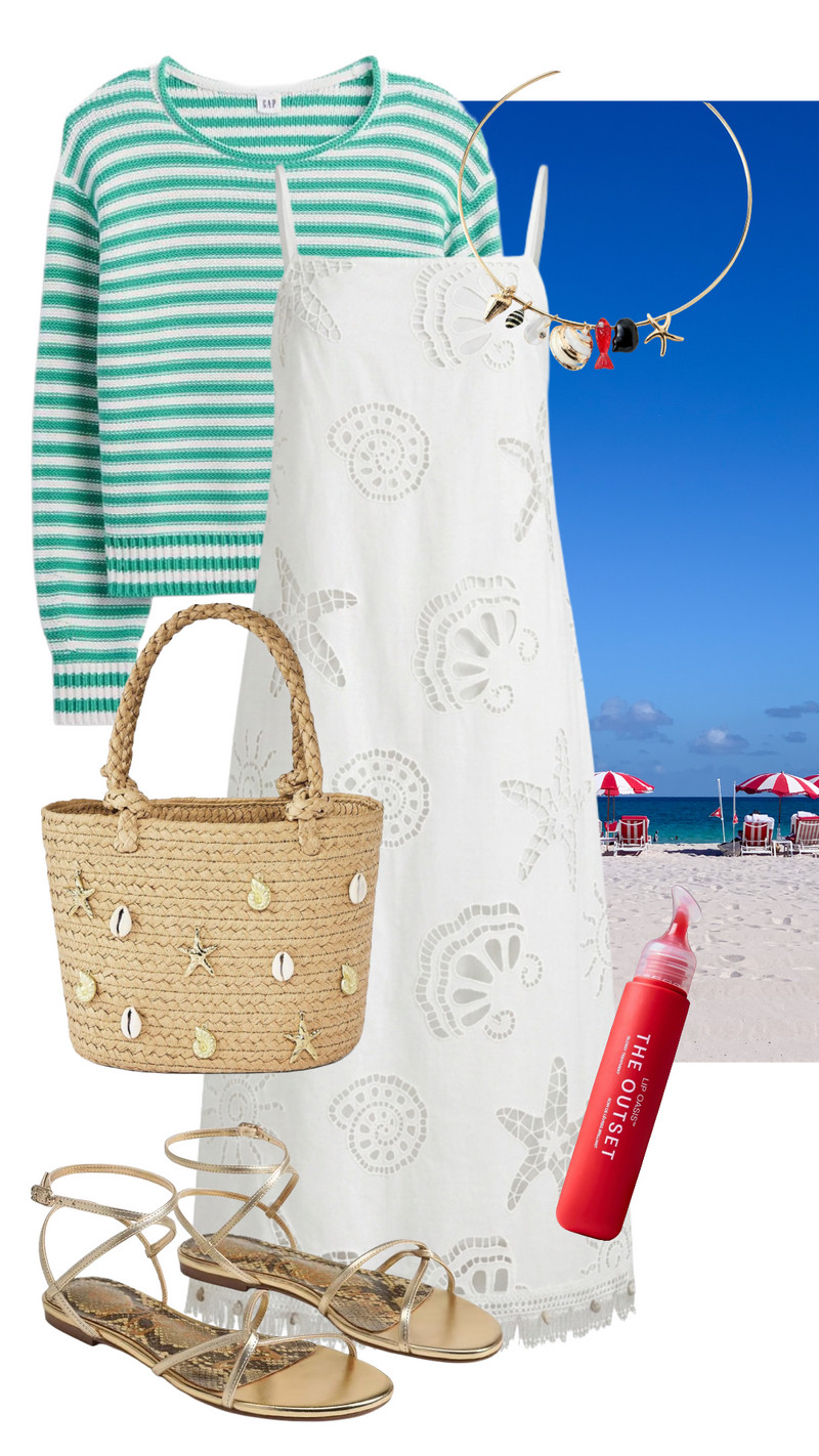 A perfect look for a dreamy beach vacation. I am obsessed with how this white shell eyelet dress looks with the pops of green stripes and gold accents! 🌊🐚✨ 

 #LTKgrwm #LTKootd #LTKSeasonal