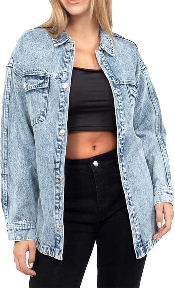 SCOFEEL Denim Jacket for Women Long Sleeve Oversized Button Down Shirts Trendy Outfit Shacket wit... | Amazon (US)