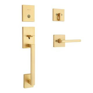 San Clemente Satin Brass Single Cylinder Entry Door Handleset with Halifax Door Handle Featuring ... | The Home Depot