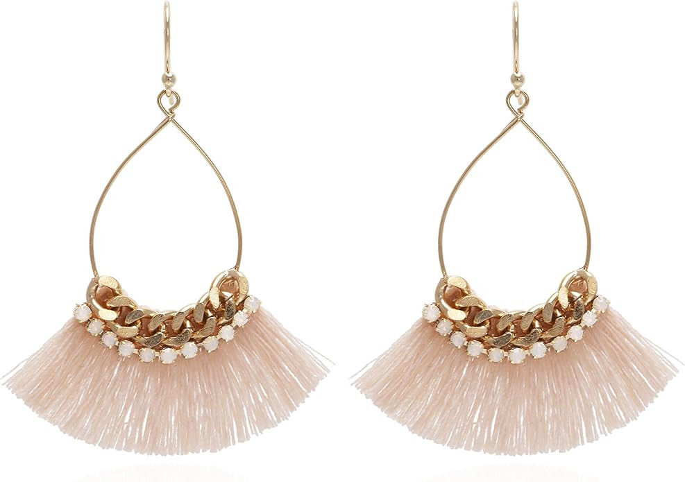 Small Tear Drop Dangle with Chain & Crystal Trimmings, Fan Shape Tassel Statement Earrings | Amazon (US)